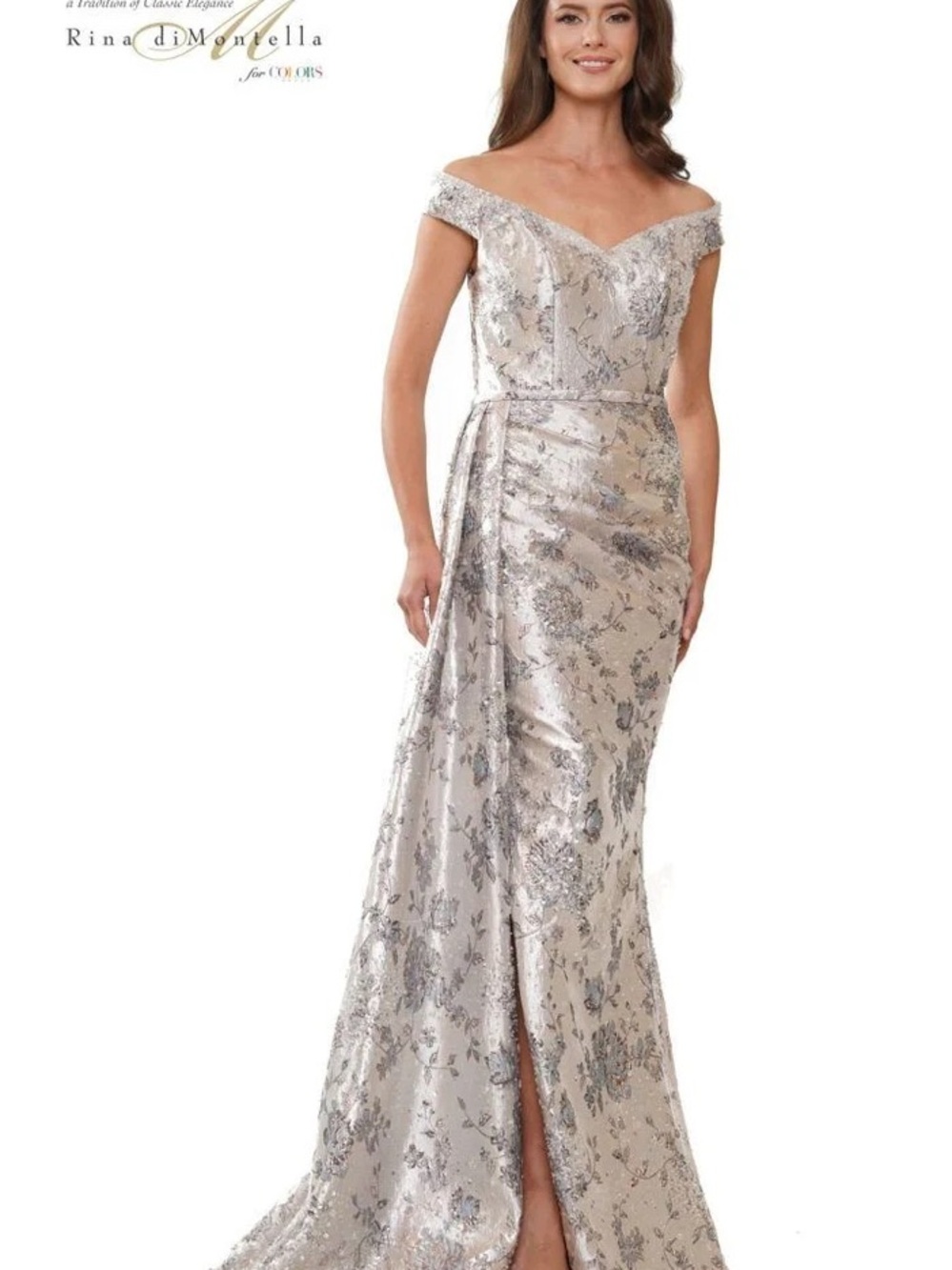 Rina diMontella Silver Metallic Off-Shoulder Wedding Dress mother of the bride - Picture 3 of 11